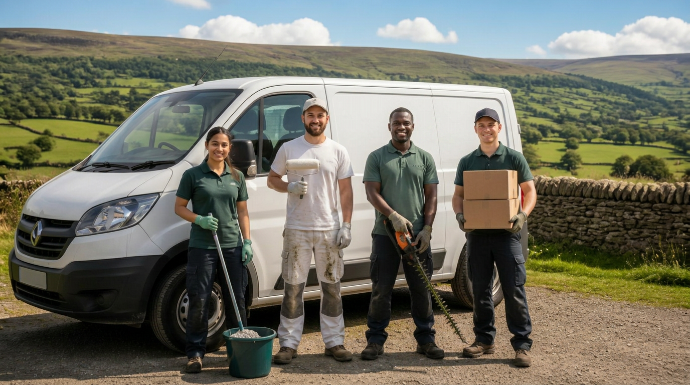 Kjay Supplies van with cleaners, painters, gardeners and helpers in the Yorkshire dales
